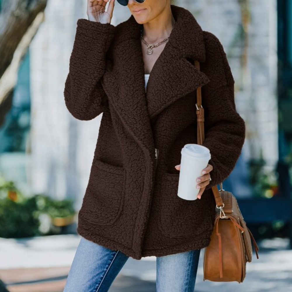 Cozy Khaki Tan Wide Collar Teddy Jacket Coat Oversized - Picture 4 of 16